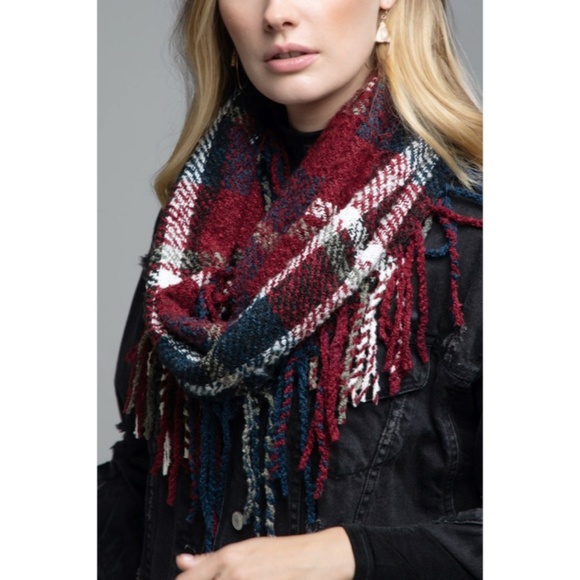 SOLD OUT Navy Burgundy Classic Plaid Infinity Scarf w/ Fringe Casual Knit Women - Picture 2 of 4